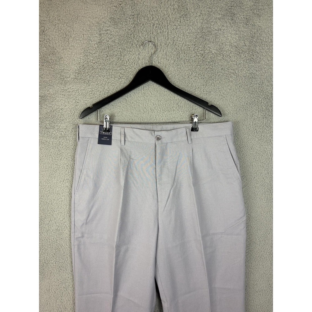 TRUST Dress Pants Mens 38x34 Silver Linen Rayon Pleated Summer Casual New